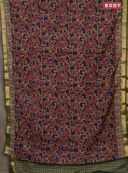 Semi maheshwari cotton saree dark blue and sap green with allover kalamkari prints and zari woven border