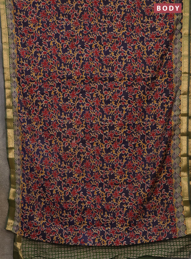 Semi maheshwari cotton saree dark blue and sap green with allover kalamkari prints and zari woven border