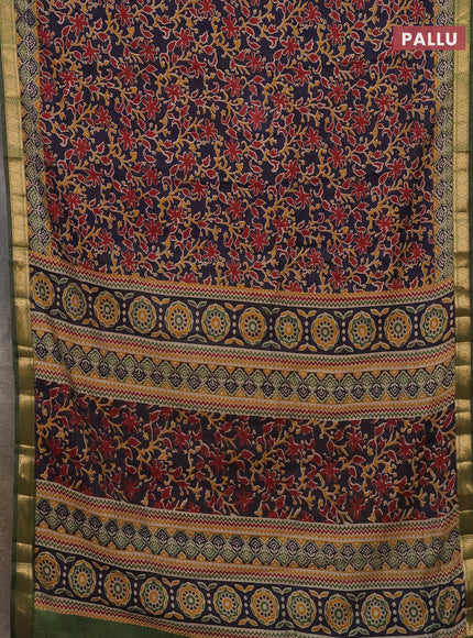 Semi maheshwari cotton saree dark blue and sap green with allover kalamkari prints and zari woven border
