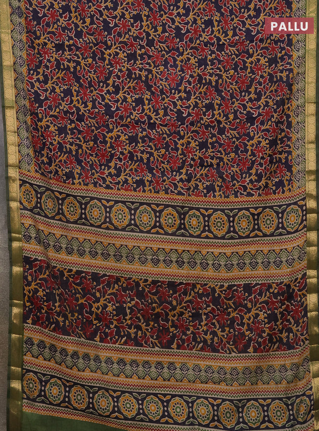Semi maheshwari cotton saree dark blue and sap green with allover kalamkari prints and zari woven border
