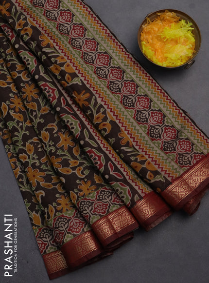 Semi maheshwari cotton saree coffee brown and maroon with allover kalamkari prints and zari woven border
