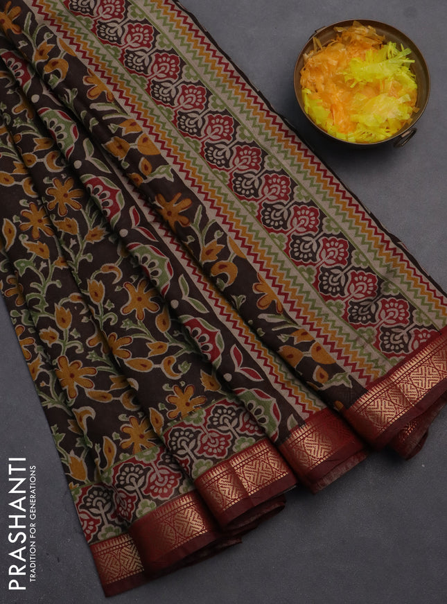Semi maheshwari cotton saree coffee brown and maroon with allover kalamkari prints and zari woven border