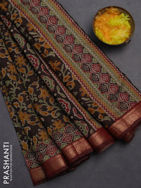 Semi maheshwari cotton saree coffee brown and maroon with allover kalamkari prints and zari woven border