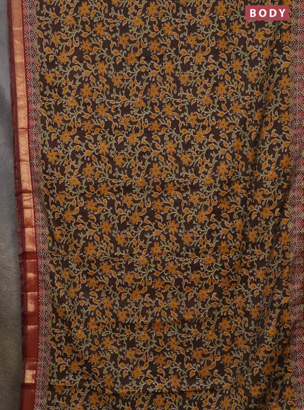 Semi maheshwari cotton saree coffee brown and maroon with allover kalamkari prints and zari woven border