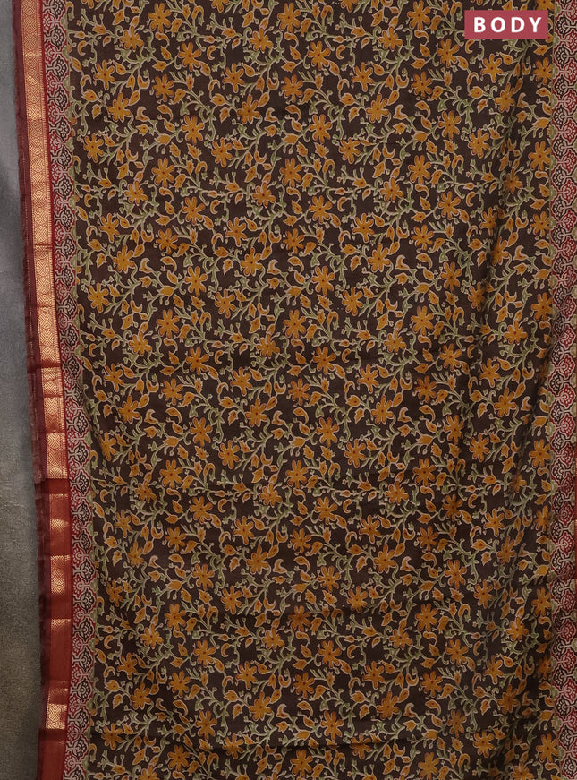 Semi maheshwari cotton saree coffee brown and maroon with allover kalamkari prints and zari woven border