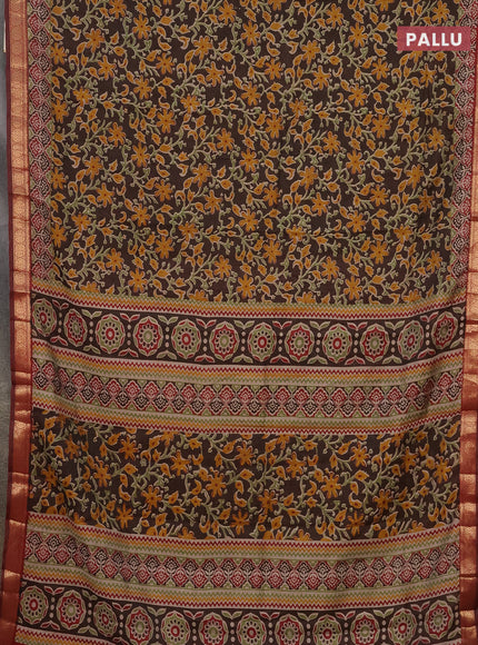 Semi maheshwari cotton saree coffee brown and maroon with allover kalamkari prints and zari woven border
