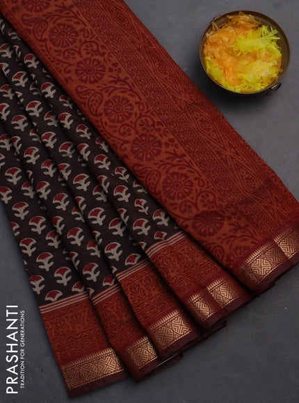 Semi maheshwari cotton saree coffee brown and maroon with allover butta prints and zari woven border