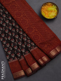 Semi maheshwari cotton saree coffee brown and maroon with allover butta prints and zari woven border