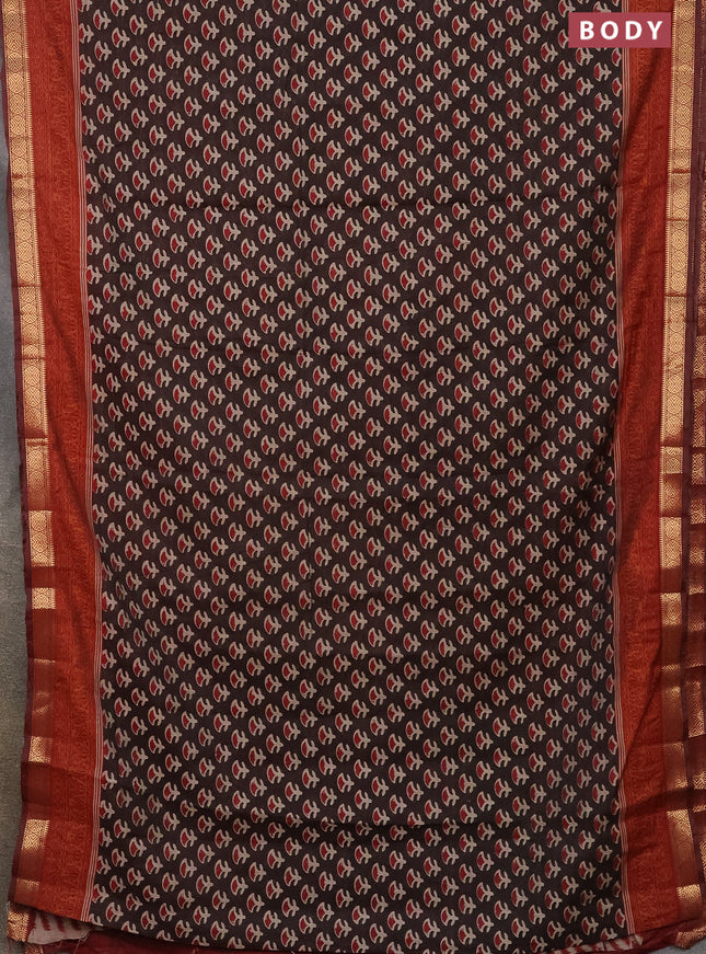 Semi maheshwari cotton saree coffee brown and maroon with allover butta prints and zari woven border