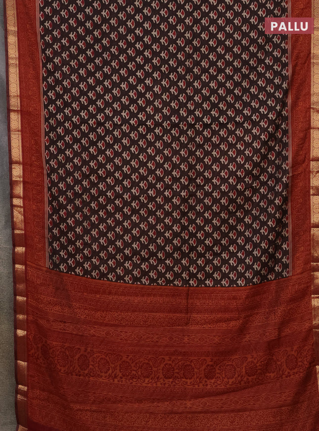 Semi maheshwari cotton saree coffee brown and maroon with allover butta prints and zari woven border