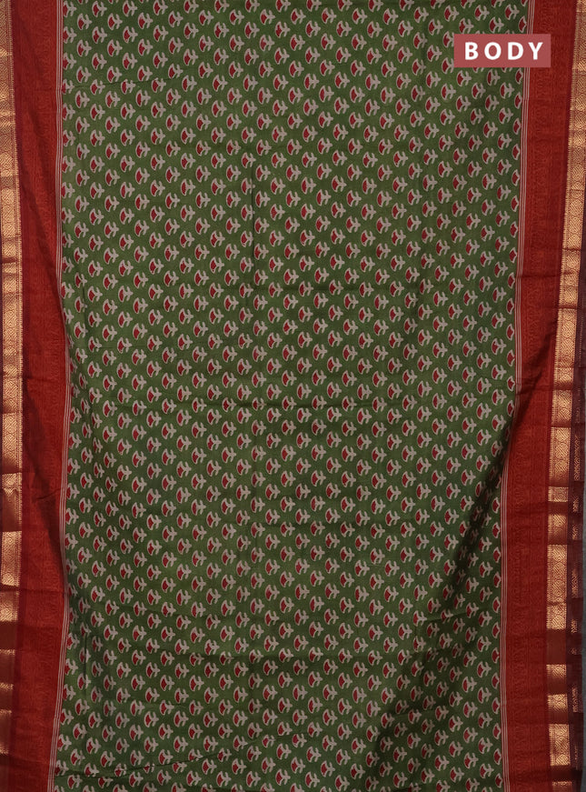 Semi maheshwari cotton saree green and maroon with allover butta prints and zari woven border