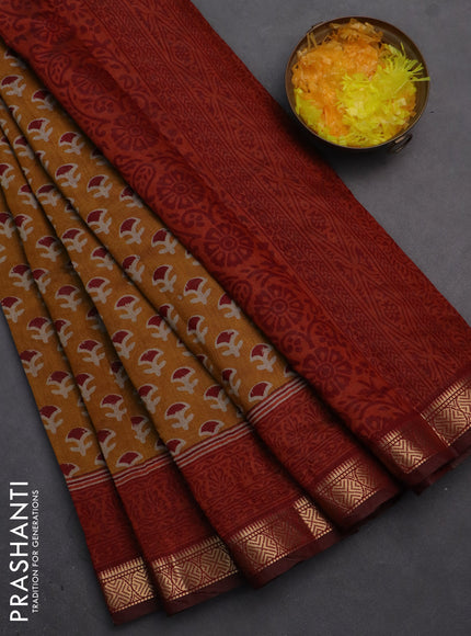 Semi maheshwari cotton saree dark mustard and maroon with allover butta prints and zari woven border