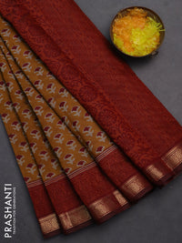 Semi maheshwari cotton saree dark mustard and maroon with allover butta prints and zari woven border