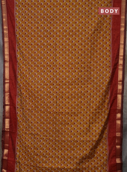 Semi maheshwari cotton saree dark mustard and maroon with allover butta prints and zari woven border
