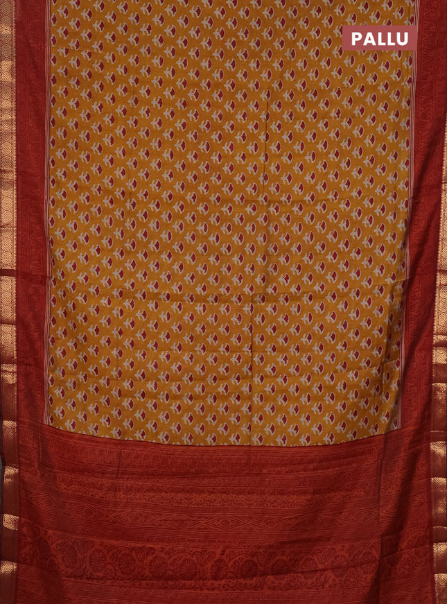 Semi maheshwari cotton saree dark mustard and maroon with allover butta prints and zari woven border