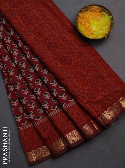 Semi maheshwari cotton saree maroon with allover butta prints and zari woven border