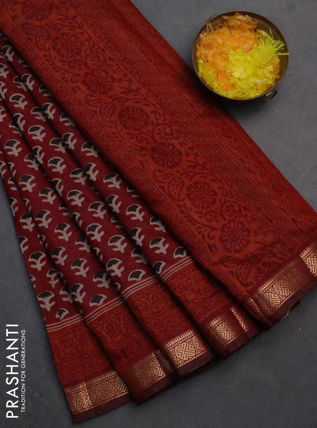 Semi maheshwari cotton saree maroon with allover butta prints and zari woven border