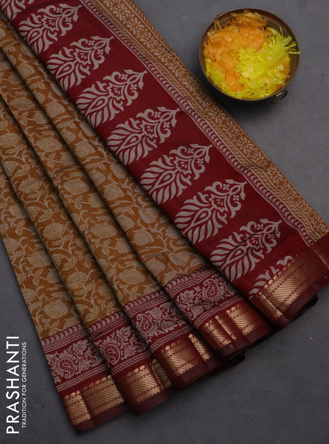 Semi maheshwari cotton saree dark mustard and maroon with allover kalamkari prints and zari woven border