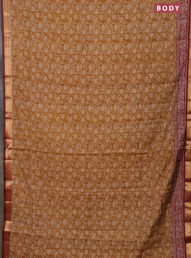 Semi maheshwari cotton saree dark mustard and maroon with allover kalamkari prints and zari woven border