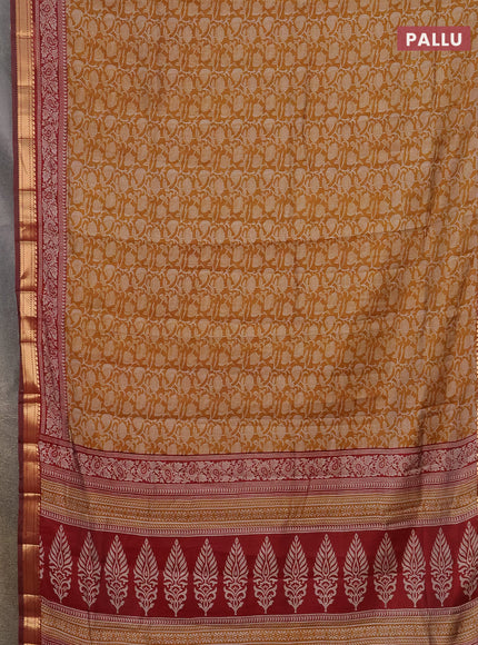 Semi maheshwari cotton saree dark mustard and maroon with allover kalamkari prints and zari woven border