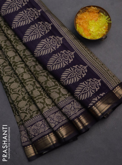 Semi maheshwari cotton saree sap green and deep jamun with allover kalamkari prints and zari woven border