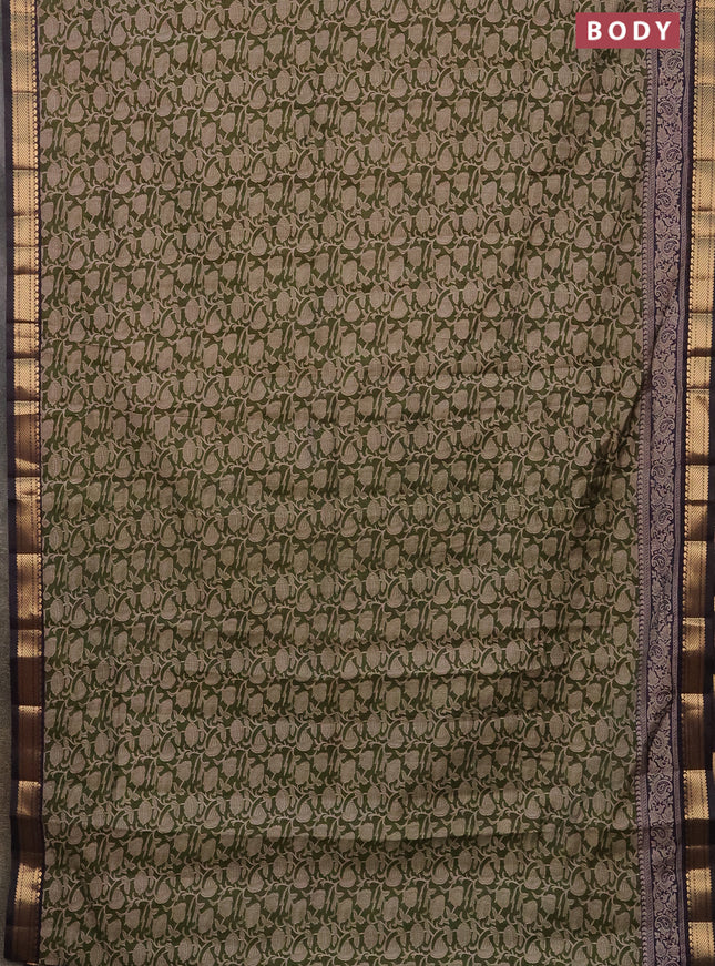 Semi maheshwari cotton saree sap green and deep jamun with allover kalamkari prints and zari woven border