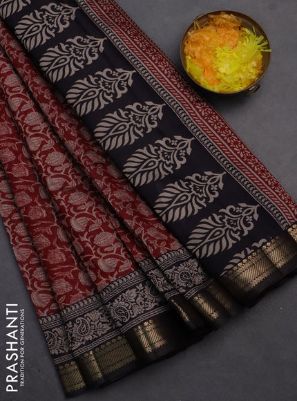 Semi maheshwari cotton saree maroon and black with allover kalamkari prints and zari woven border