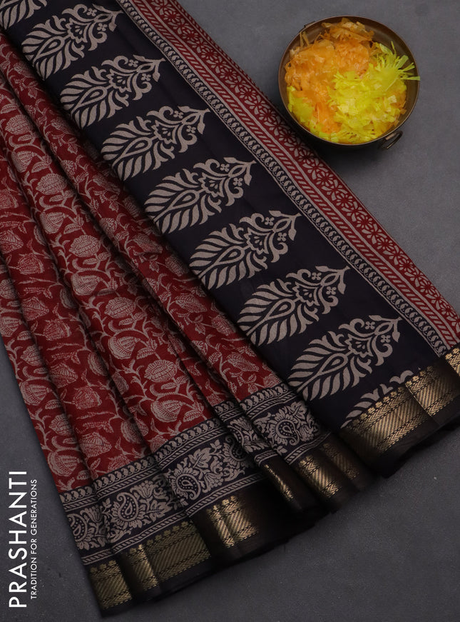 Semi maheshwari cotton saree maroon and black with allover kalamkari prints and zari woven border