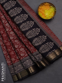 Semi maheshwari cotton saree maroon and black with allover kalamkari prints and zari woven border