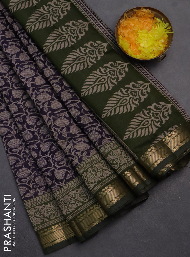 Semi maheshwari cotton saree deep jamun and sap green with allover kalamkari prints and zari woven border