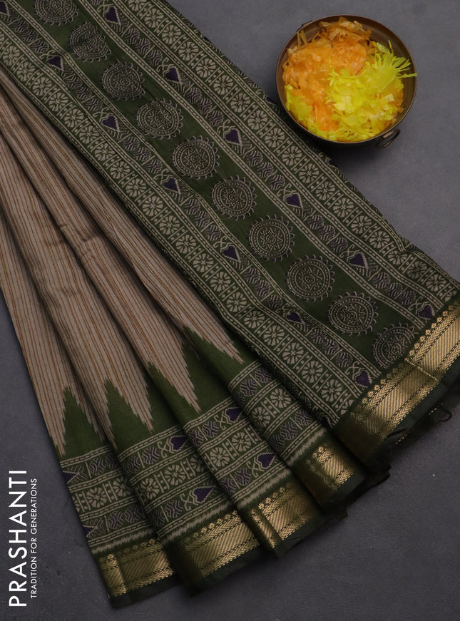 Semi maheshwari cotton saree beige and sap green with allover prints and zari woven border