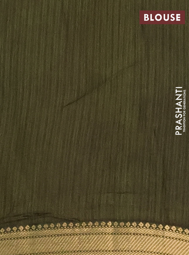 Semi maheshwari cotton saree beige and sap green with allover prints and zari woven border