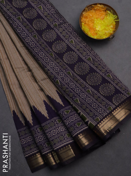 Semi maheshwari cotton saree beige and dark blue with allover prints and zari woven border