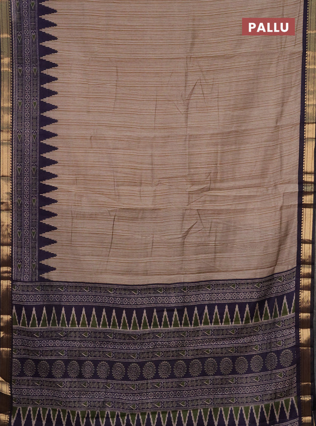 Semi maheshwari cotton saree beige and dark blue with allover prints and zari woven border
