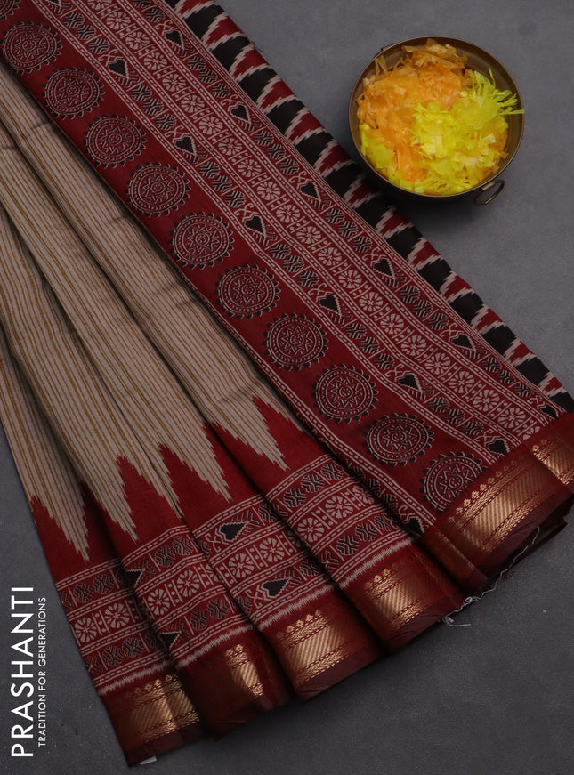 Semi maheshwari cotton saree beige and maroon with allover prints and zari woven border