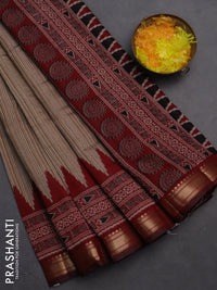 Semi maheshwari cotton saree beige and maroon with allover prints and zari woven border