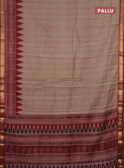 Semi maheshwari cotton saree beige and maroon with allover prints and zari woven border