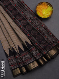 Semi maheshwari cotton saree beige and black with allover prints and zari woven border