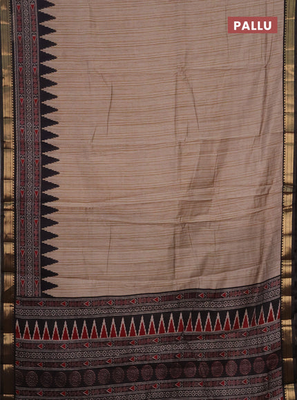 Semi maheshwari cotton saree beige and black with allover prints and zari woven border