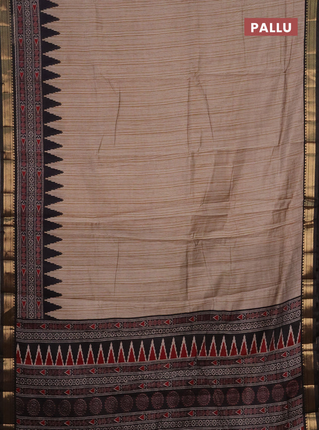 Semi maheshwari cotton saree beige and black with allover prints and zari woven border