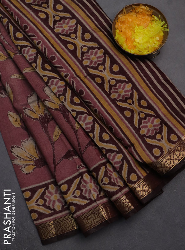 Semi maheshwari cotton saree pastel pink and maroon with allover floral prints and zari woven border