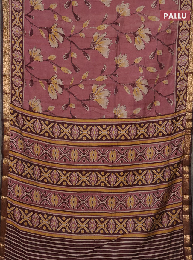 Semi maheshwari cotton saree pastel pink and maroon with allover floral prints and zari woven border