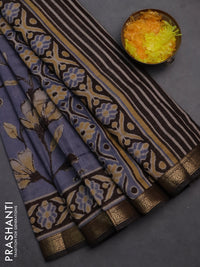 Semi maheshwari cotton saree bluish grey and coffee brown with allover floral prints and zari woven border