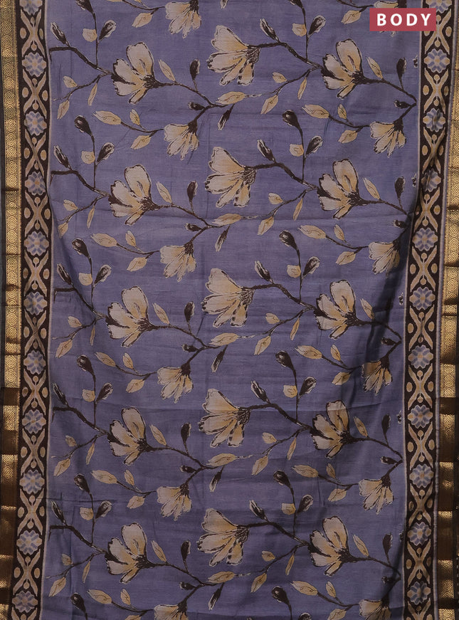 Semi maheshwari cotton saree bluish grey and coffee brown with allover floral prints and zari woven border