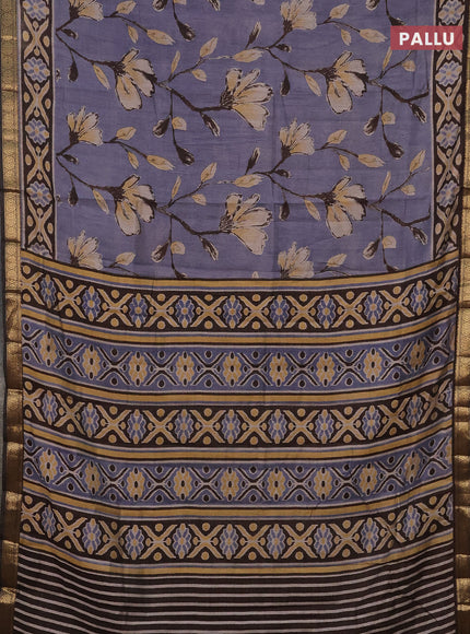 Semi maheshwari cotton saree bluish grey and coffee brown with allover floral prints and zari woven border