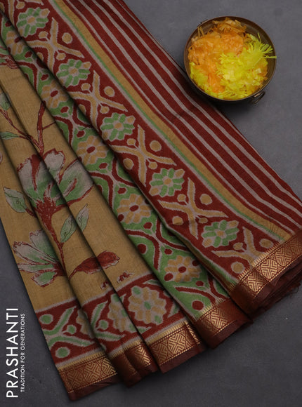 Semi maheshwari cotton saree sandal and maroon with allover floral prints and zari woven border