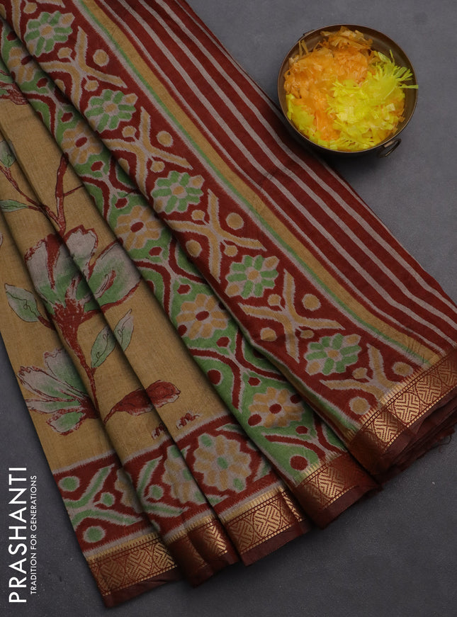 Semi maheshwari cotton saree sandal and maroon with allover floral prints and zari woven border