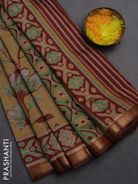 Semi maheshwari cotton saree sandal and maroon with allover floral prints and zari woven border