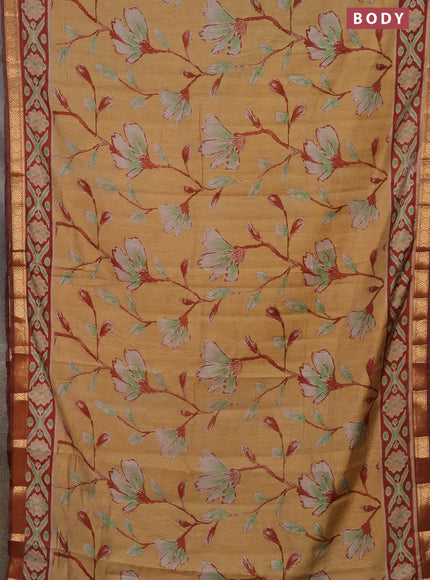 Semi maheshwari cotton saree sandal and maroon with allover floral prints and zari woven border