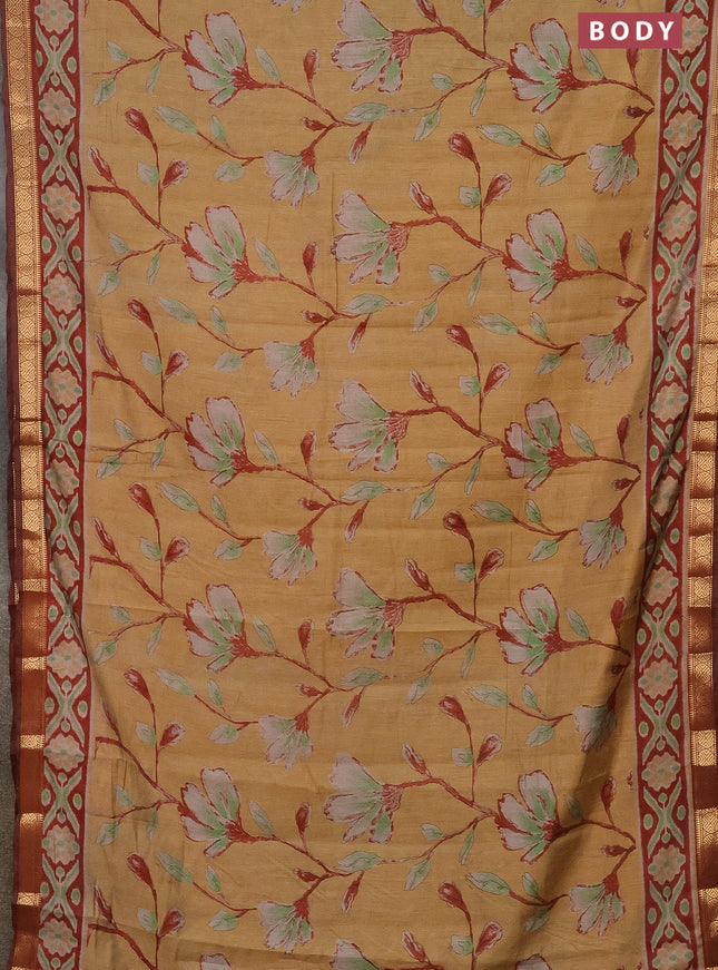 Semi maheshwari cotton saree sandal and maroon with allover floral prints and zari woven border